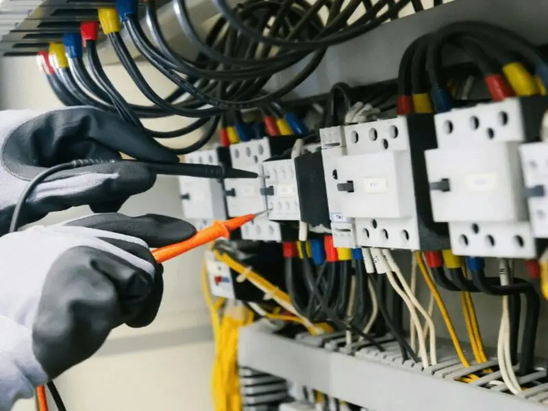 Elektriker prüft mit Messgerät einen Schaltschrank